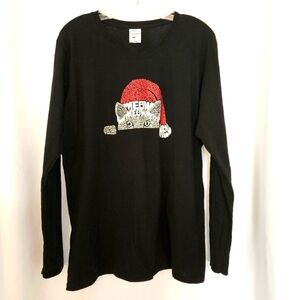 Peeking Cat~Meow~Christmas~Long Sleeve Black Tee Shirt~XL  🐈‍⬛️‎